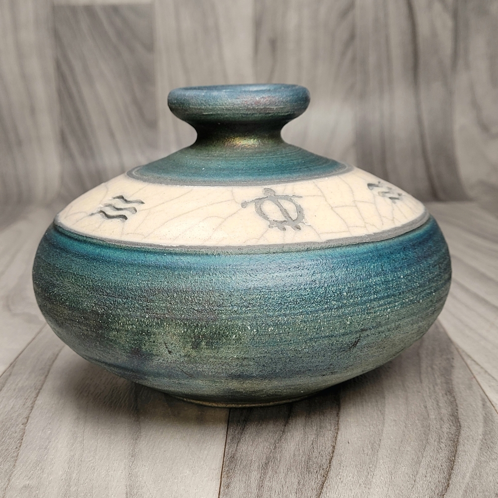 Christopher Matti Maui Hawaiian Petroglyph 2003 Raku Pottery Vase 4.75H x 6.5"W